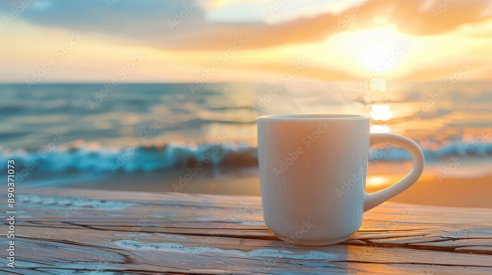 Mockup of a cup on a table with a beach view at sunset Mockup of a cup on a table with a beach view at sunset