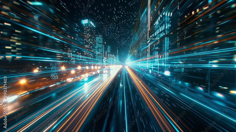 Obraz premium Data moves quickly on a road, creating the illusion of speed. This shows how digital transformation, new ideas, and quick business methods will change the future.