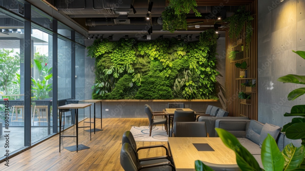 Naklejka premium Modern Eco-Friendly Office Lounge with Green Wall