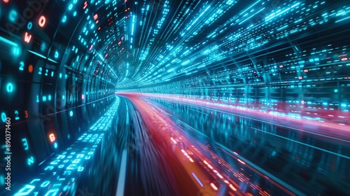 Data moves quickly on a road, creating the illusion of speed. This shows how digital transformation, new ideas, and quick business methods will change the future. © Elshad Karimov