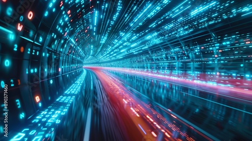 Data moves quickly on a road, creating the illusion of speed. This shows how digital transformation, new ideas, and quick business methods will change the future.