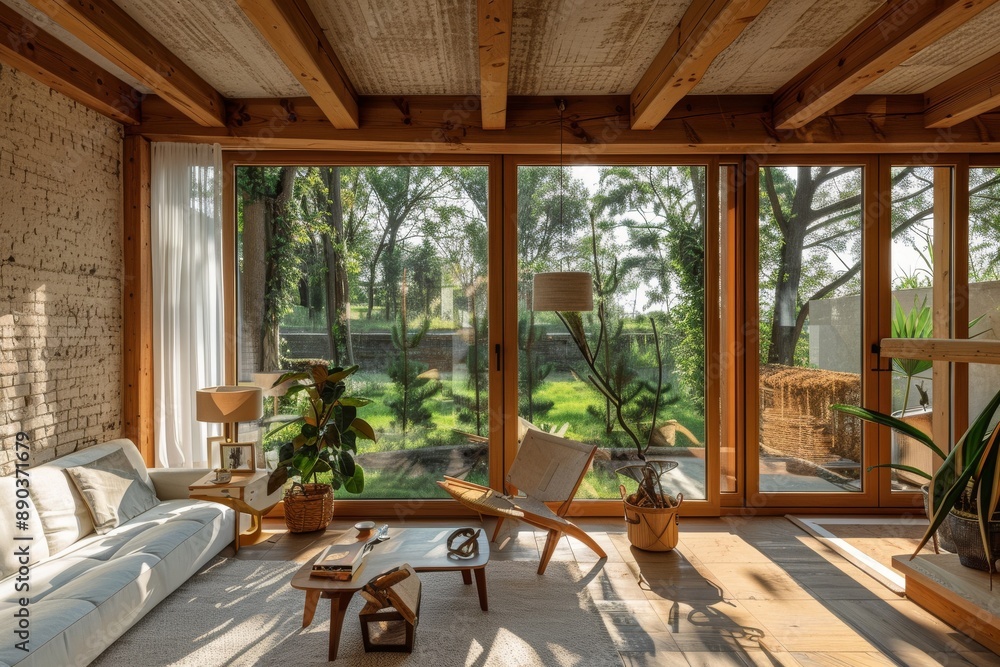 Fototapeta premium Eco-friendly House Interior with Natural Materials, Spacious Living Room Overlooking a Lush Garden, Sustainable Design