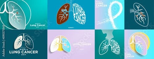 Set of World Lung Cancer Day Posters and Banners in Paper cut out origami style. A pair of lungs with cancer tumor depicting lung cancer. Typographic, minimalism. August 1. Vector Illustration.