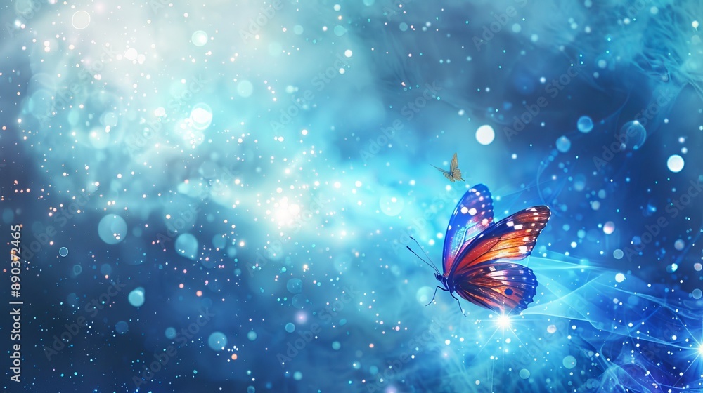 A vibrant, flowing banner with shimmering blue and spiritual sparkles. In the corner, a beautiful butterfly with its wing open flies towards a white light and the vast expanse of space. A vibrant, flowing banner with shimmering blue and spiritual sparkles. In the corner, a beautiful butterfly with its wing open flies towards a white light and the vast expanse of space.