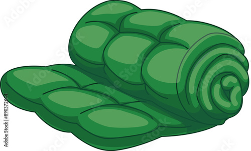 Green rolled up camping sleeping bag isolated on white background