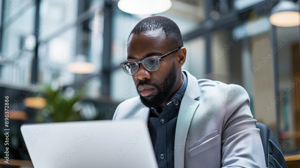 Focused young professional working on his laptop in a contemporary and well-lit office space Focused young professional working on his laptop in a contemporary and well-lit office space