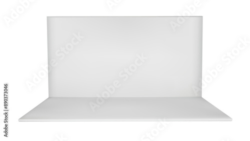 3d booth stand mockup for event. Blank exhibition room rectangle mock up. Empty presentation interior render with floor. Tradeshow showroom for press promotion. Small expo kiosk box area layout