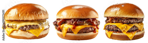 3 pork or beef juicy cheeseburgers volume 1. White buns, melted cheese. Set of isolated food on transparent background.