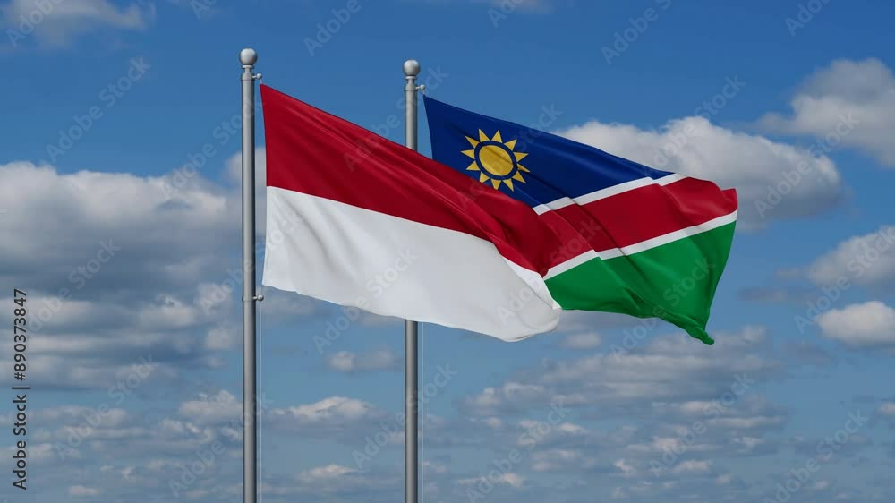 Indonesia and Namibia flags flying together, video concept of the relationship, two country relations concept Indonesia and Namibia flags flying together, video concept of the relationship, two country relations concept