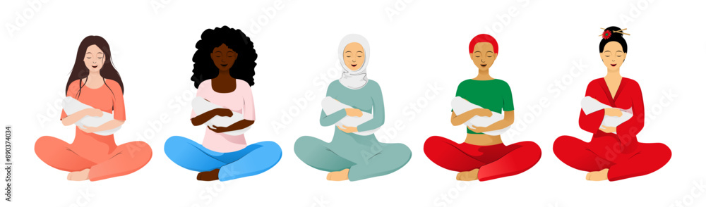 Set of mothers stting and holding babies with different ethnicity Set of mothers stting and holding babies with different ethnicity