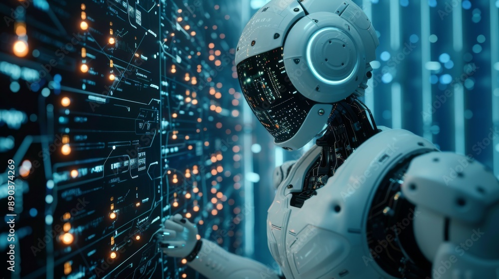 Fototapeta premium Futuristic Robot Interacting with Digital Interface