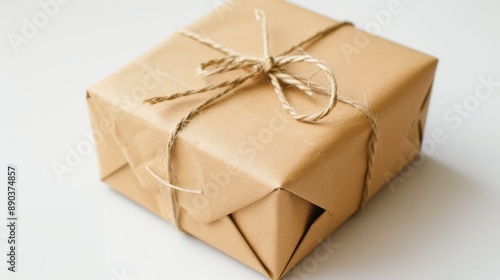 Rustic Christmas Gift Wrapped in Brown Paper with Twine Bow on White Surface