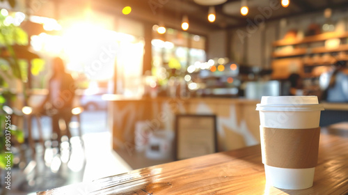 Sunlit modern coffee shop with a takeaway cup on a wooden table and blurred customers in the background.