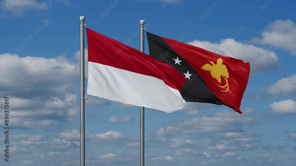 Papua New Guinea and Indonesia flags flying together, video concept of the relationship, two country relations concept Papua New Guinea and Indonesia flags flying together, video concept of the relationship, two country relations concept