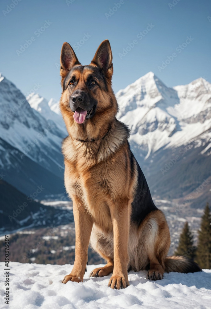 A majestic German Shepherd standing proudly in front of a snow-capped mountain. A majestic German Shepherd standing proudly in front of a snow-capped mountain.