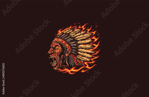 American native chief head angry on fire apache vector illustration