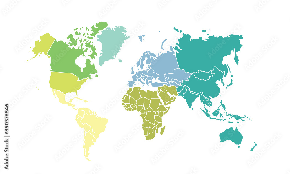 Fototapeta premium World map with individual colors,isolated on white background for website layouts,background,education, precise,customizable,Travel worldwide,map silhouette backdrop,earth geography, political,reports