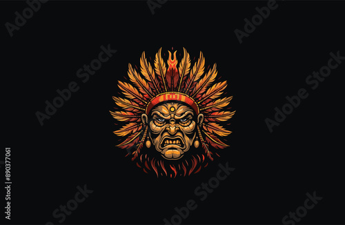 American native chief head angry on fire apache vector illustration