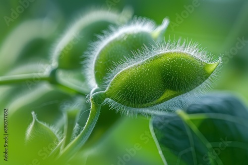 Close-up of fresh green soybean pods, covered in fine hairs, set against a blurred green background photo