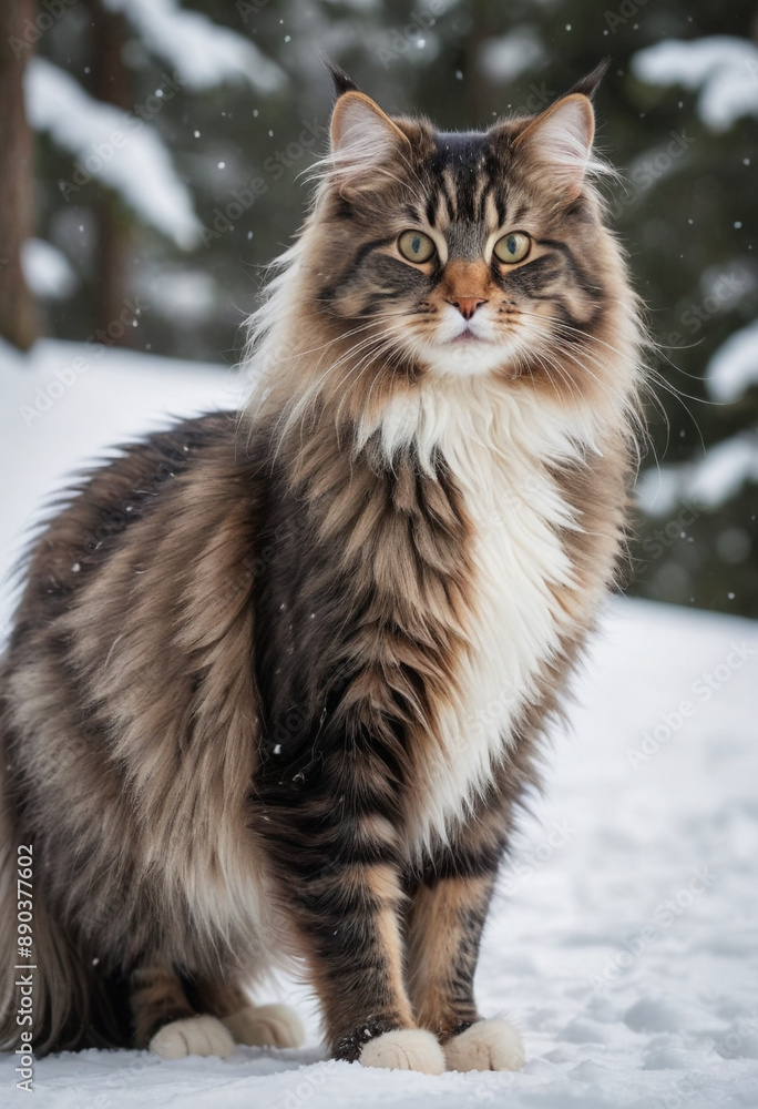 A majestic Norwegian Forest Cat standing in the snow. A majestic Norwegian Forest Cat standing in the snow.