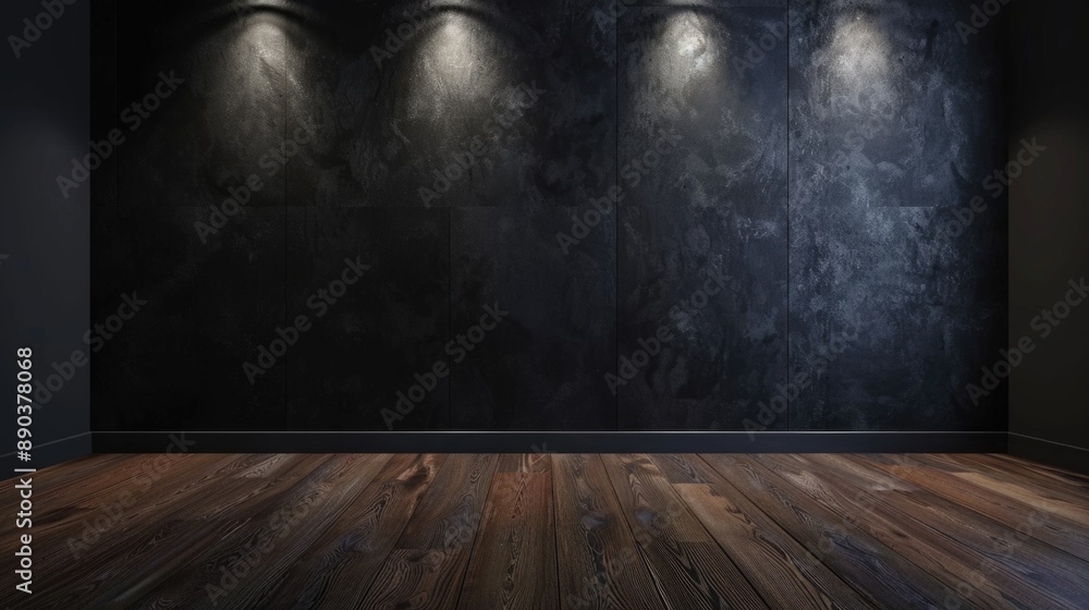 Black background with wood floor and spotlight. Black background with wood floor and spotlight.