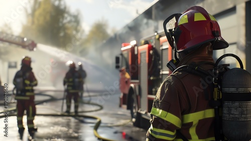 Firefighters in protective gear battling a blaze, spraying water from a hose at the scene of a fire. Firefighters in action. © Creative