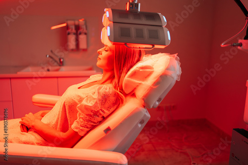 Side view portrait of blonde female lying on procedure chair having LED red light hair photodynamic therapy during hair treatment. Woman client having non-invasive type of phototherapy.