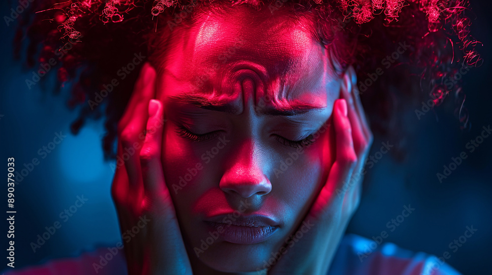 Portrait of a young woman with a headache on a neon background. Woman holding her head with her hands indoors. Pain concept. Portrait of a young woman with a headache on a neon background. Woman holding her head with her hands indoors. Pain concept.