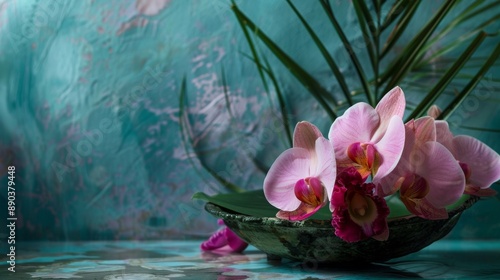 Pink orchids in a green bowl on a teal background photo