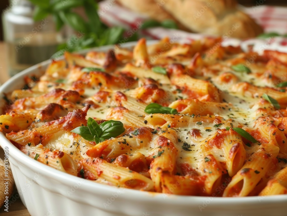 Deliciously Golden Pasta Bake with Melty Mozzarella and Fresh Basil in a Cozy Kitchen Setting Deliciously Golden Pasta Bake with Melty Mozzarella and Fresh Basil in a Cozy Kitchen Setting