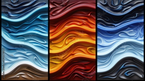 Four Vertical Panels Depicting Wave Patterns in Vibrant Colors