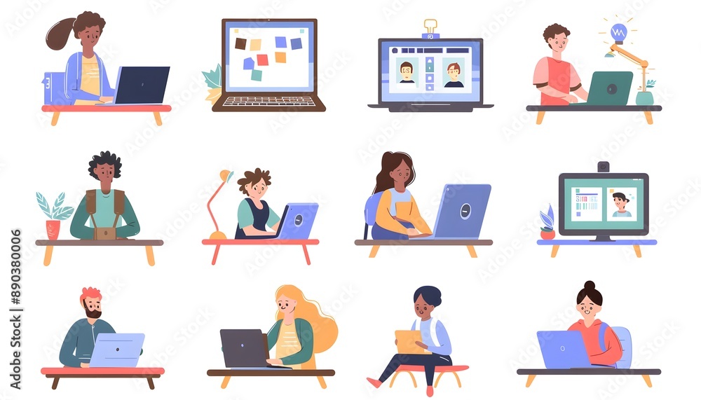 People Working on Laptops: A Diverse Collection of Illustrations Showing People Working Remotely or on their Personal Devices. People Working on Laptops: A Diverse Collection of Illustrations Showing People Working Remotely or on their Personal Devices.