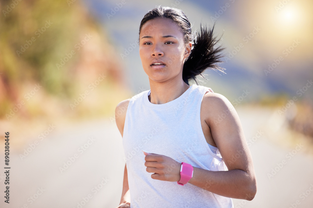 Girl, running and athlete in outdoor for fitness, or training, exercise and physical cardio for marathon. Female runner, wellness and practice for race on road, serious and endurance for workout. Girl, running and athlete in outdoor for fitness, or training, exercise and physical cardio for marathon. Female runner, wellness and practice for race on road, serious and endurance for workout.