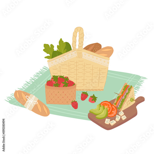 Summer picnic basket vector illustration of sandwich, strawberry and bread