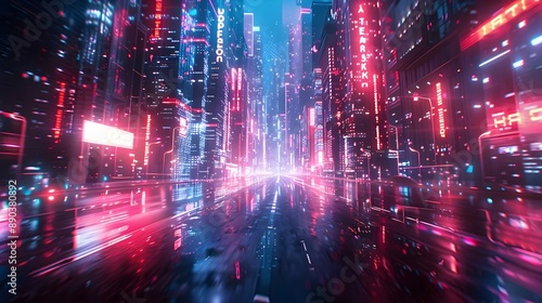 Futuristic Cityscape with Neon Lights and Digital Billboards in Dynamic Urban Nightscape