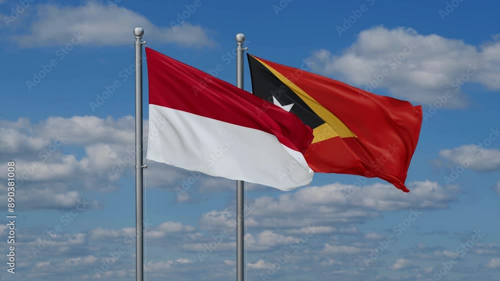 East Timor and Indonesia flags flying together, video concept of the relationship, two country cooperation concept East Timor and Indonesia flags flying together, video concept of the relationship, two country cooperation concept