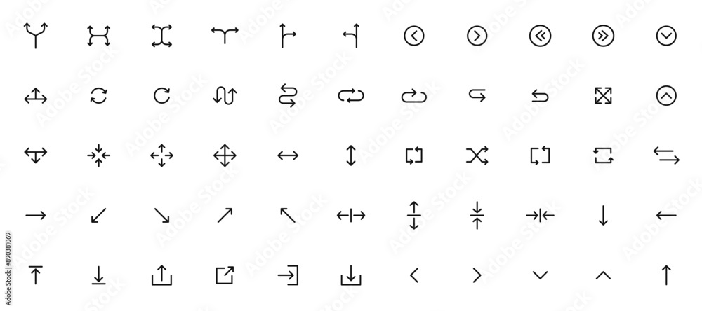Arrow vector icon set in thin line style.Collection vector arrows icon set for media controls and pointers collection on white background. Vector illustration Arrow vector icon set in thin line style.Collection vector arrows icon set for media controls and pointers collection on white background. Vector illustration