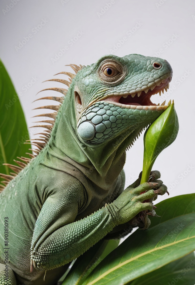 A playful iguana eating a leaf. A playful iguana eating a leaf.