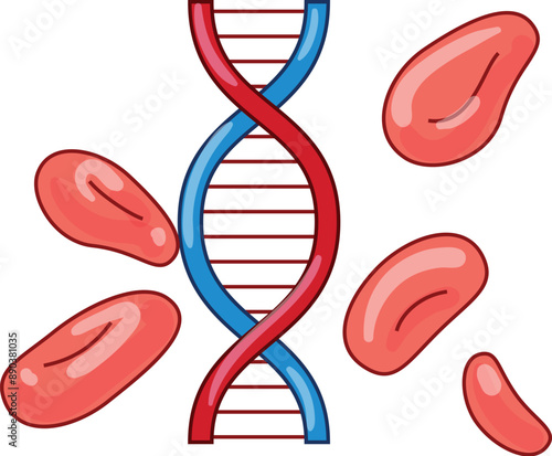 Illustration featuring a dna double helix surrounded by red blood cells, representing the concept of genetic research and analysis