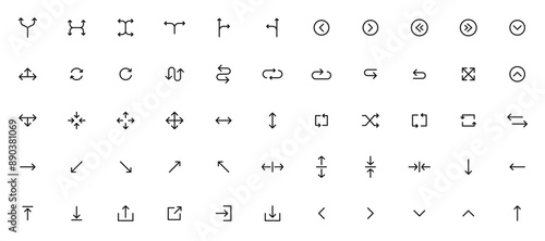 Arrow vector icon set in thin line style.Collection vector arrows icon set for media controls and pointers collection on white background. Vector illustration