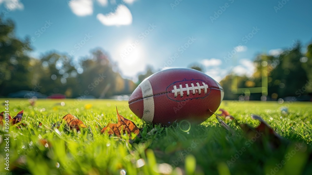 American Football on Grass Field under Clear Sky. Generative ai. American Football on Grass Field under Clear Sky. Generative ai.