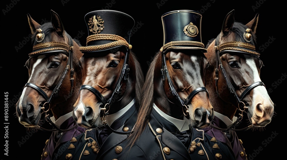 Fototapeta premium Elegant Horses Wearing Top Hats and Gentlemen Attire. Generative ai.
