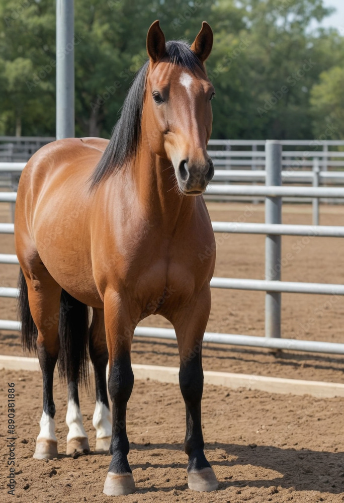  A loyal Quarter Horse standing patiently in a corral. 