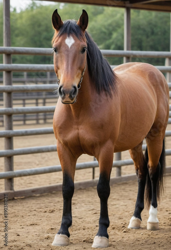  A loyal Quarter Horse standing patiently in a corral. 