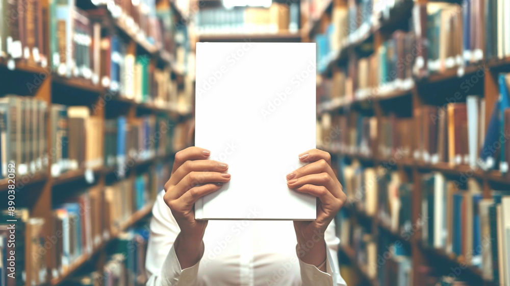 Close up blank book cover mockup being held by a person in a library Close up blank book cover mockup being held by a person in a library