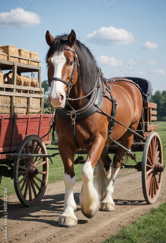  A majestic Clydesdale horse pulling a wagon. 