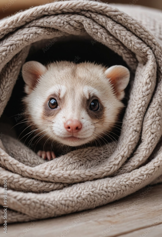 A curious ferret peeking out from a cozy blanket. A curious ferret peeking out from a cozy blanket.