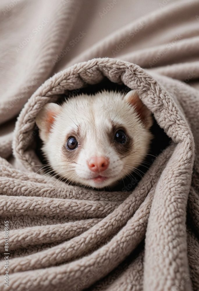 A curious ferret peeking out from a cozy blanket. A curious ferret peeking out from a cozy blanket.