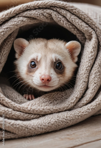  A curious ferret peeking out from a cozy blanket. 