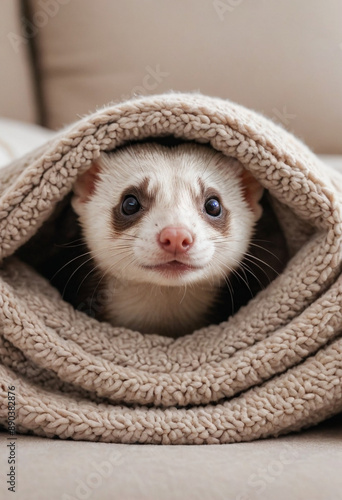  A curious ferret peeking out from a cozy blanket. 